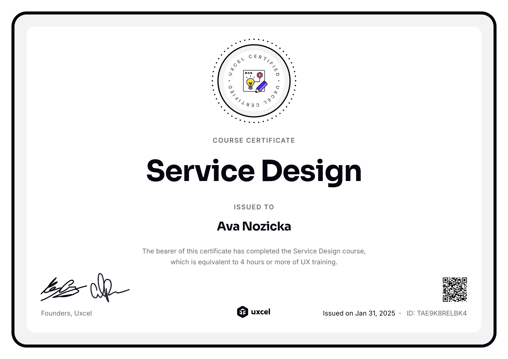 Ava Nozicka's certificate